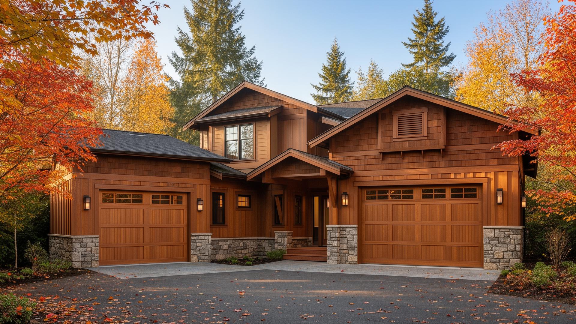 Professional Tuscan inspired garage doors with stone surround on modern home in Old Saybrook CT